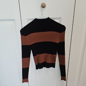 Striped Long Sleeve Ribbed Knit Top - Black & Brown